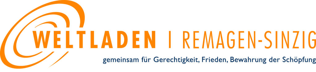 Logo Weltladen Remagen-Sinzig in Orange mit Kreisgrafik links und Untertext.